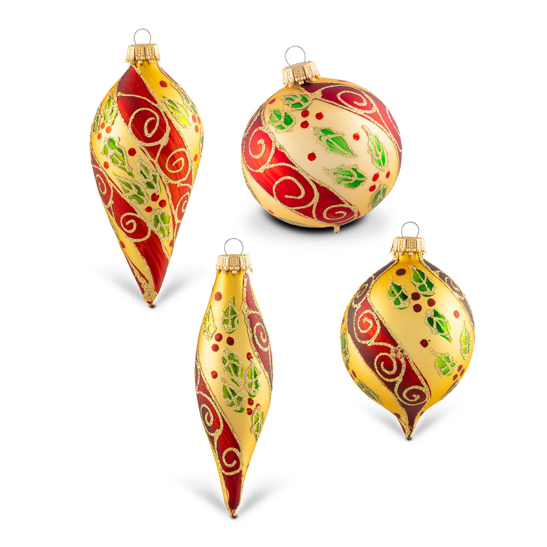 Krebs Red and Gold Holly 4-Piece Ornament Set