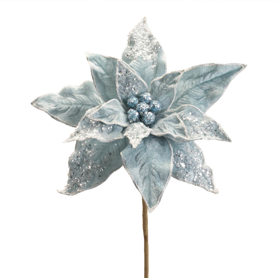 Polyester Glittered Light Blue Poinsettia Stem
