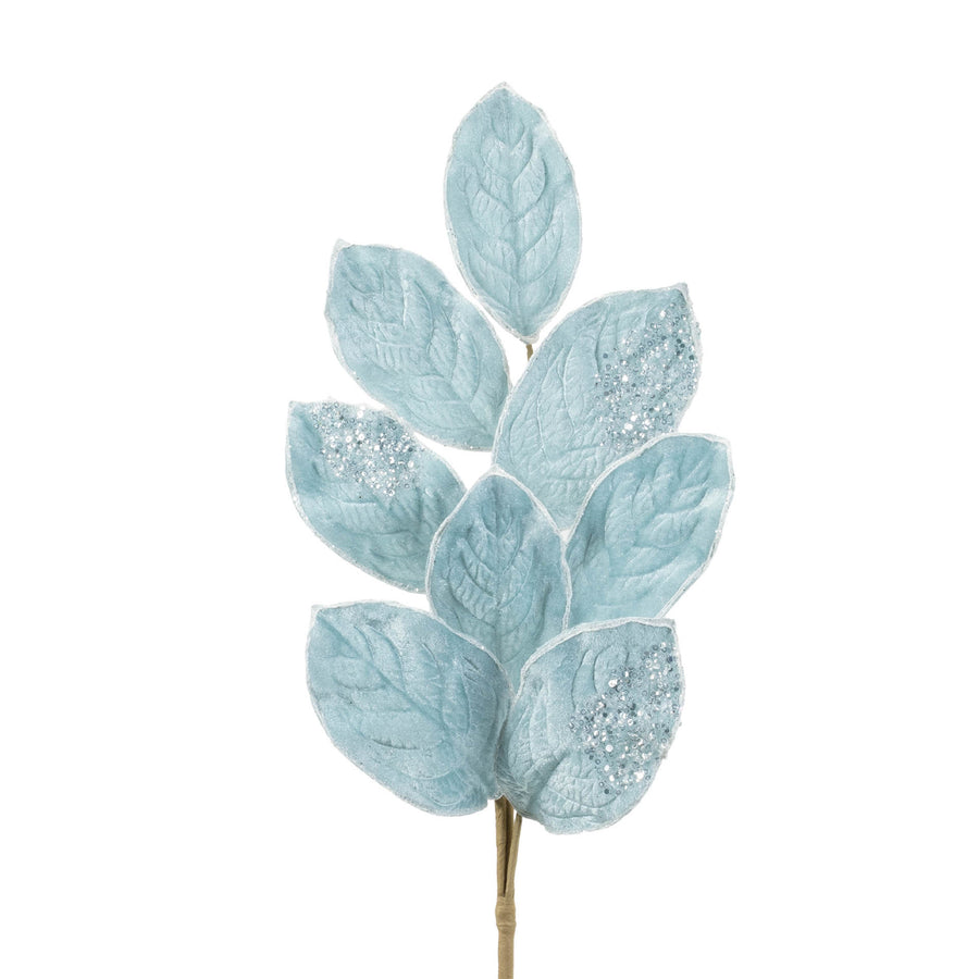 Polyester Glittered Light Blue Leaf Spray