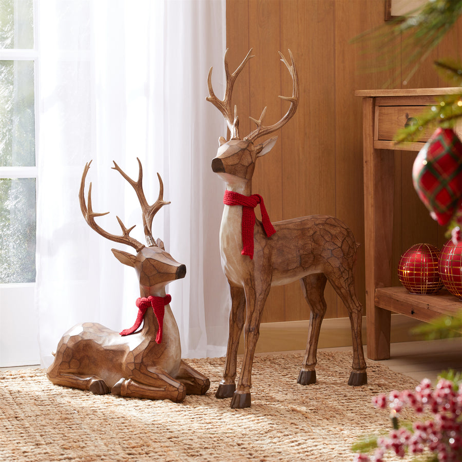 Wood Finish Resin Deer with Red Scarf