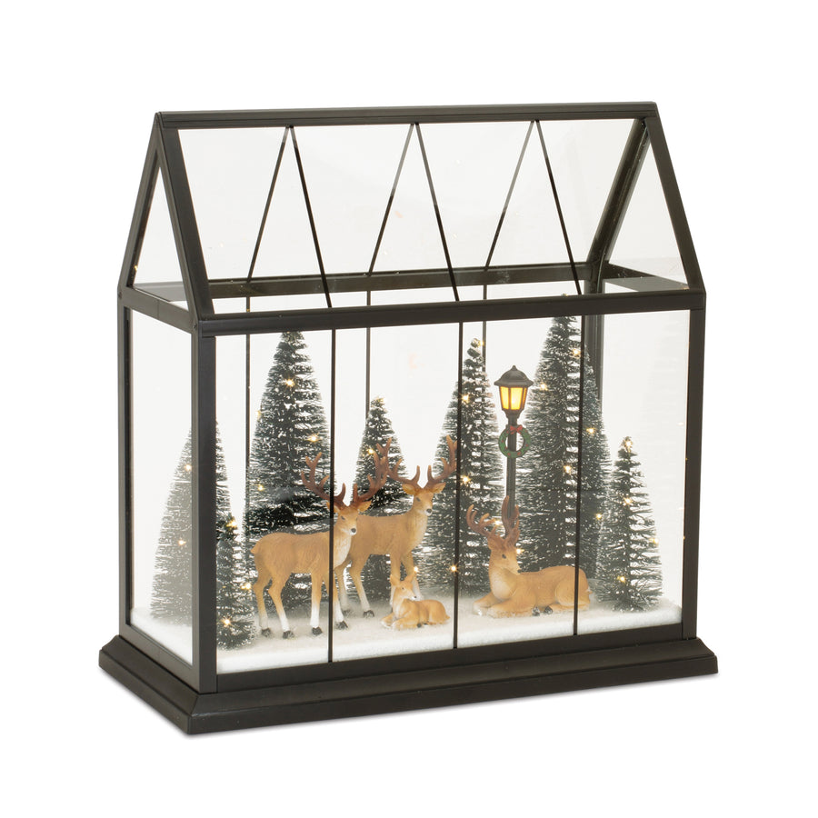 Light Up Deer and Trees in Greenhouse