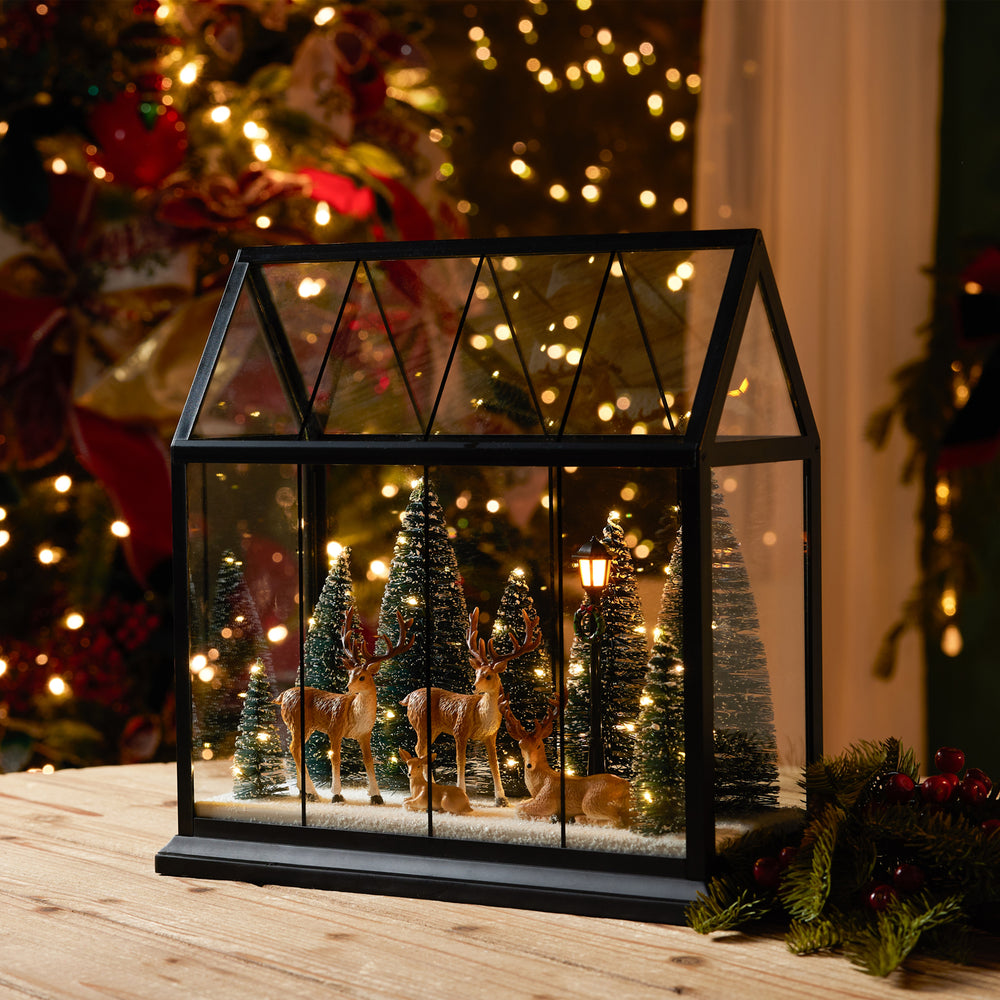 Light Up Deer and Trees in Greenhouse