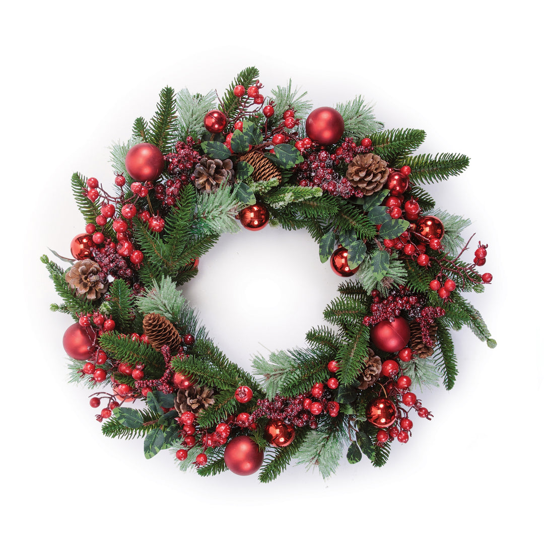 Pine Wreath with Red Ornaments and Pinecones