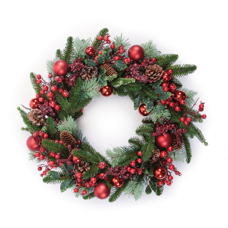Pine Wreath with Red Ornaments and Pinecones