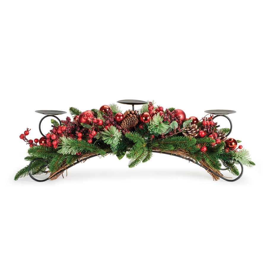 Pine Centerpiece with Red Ornaments and Pinecones