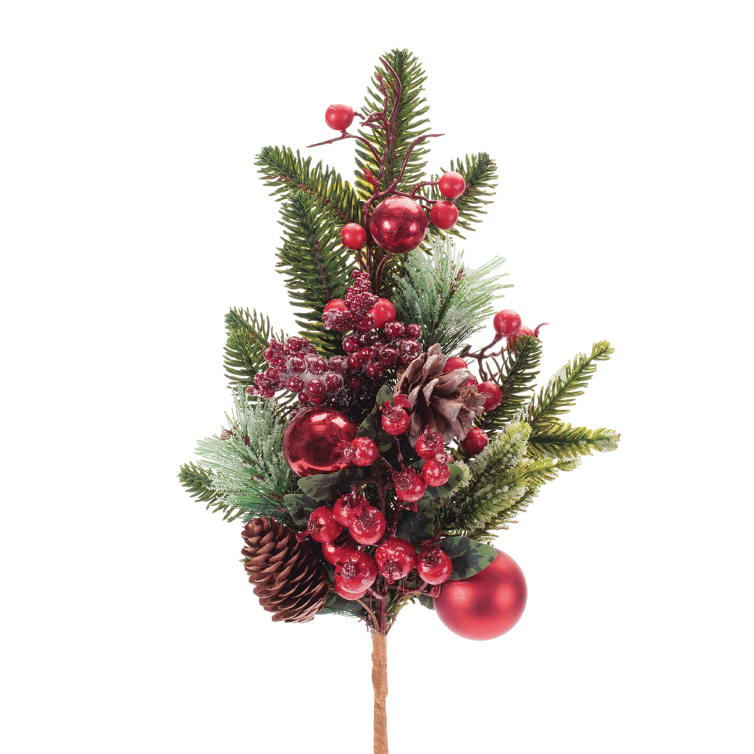 Pine Spray with Red Ornaments and Pinecones