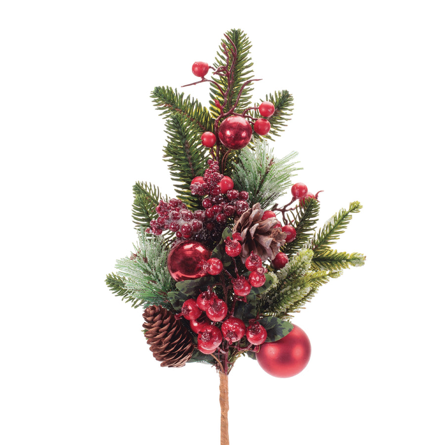 Pine Spray with Red Ornaments and Pinecones