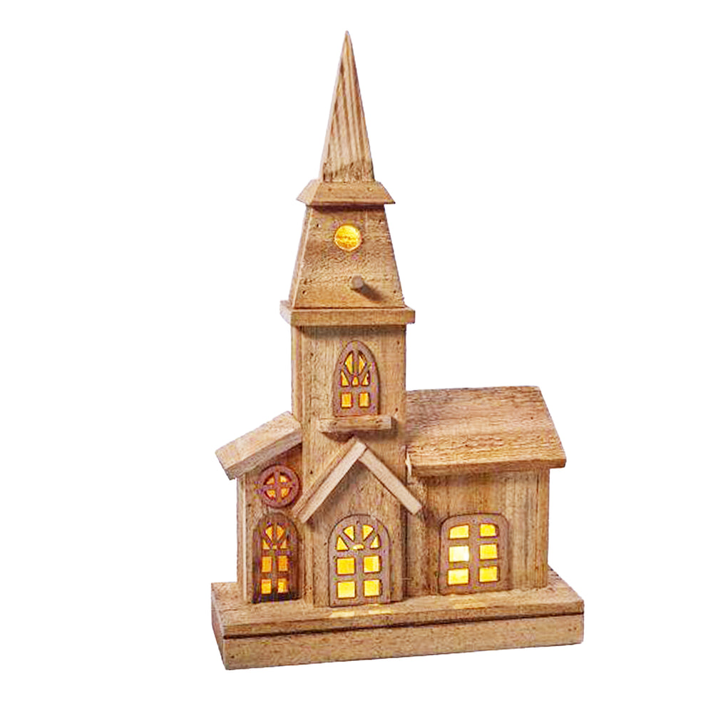 Lighted Wooden Church 16 x 9.5 Inches