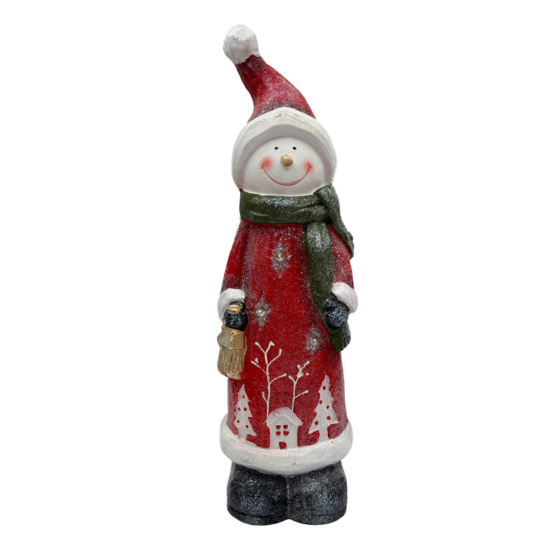 Lighted Wooden Snowman with Green Scarf