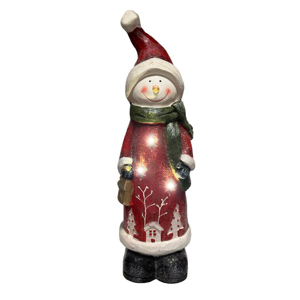 Lighted Wooden Snowman with Green Scarf