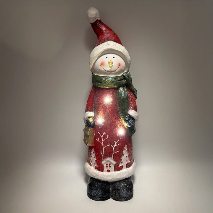 Lighted Wooden Snowman with Green Scarf
