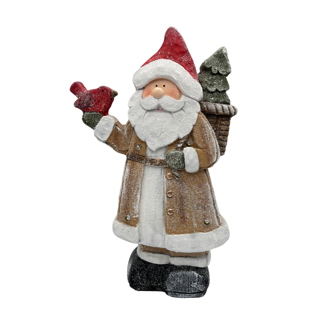 Lit Wooden Santa with a Cardinal