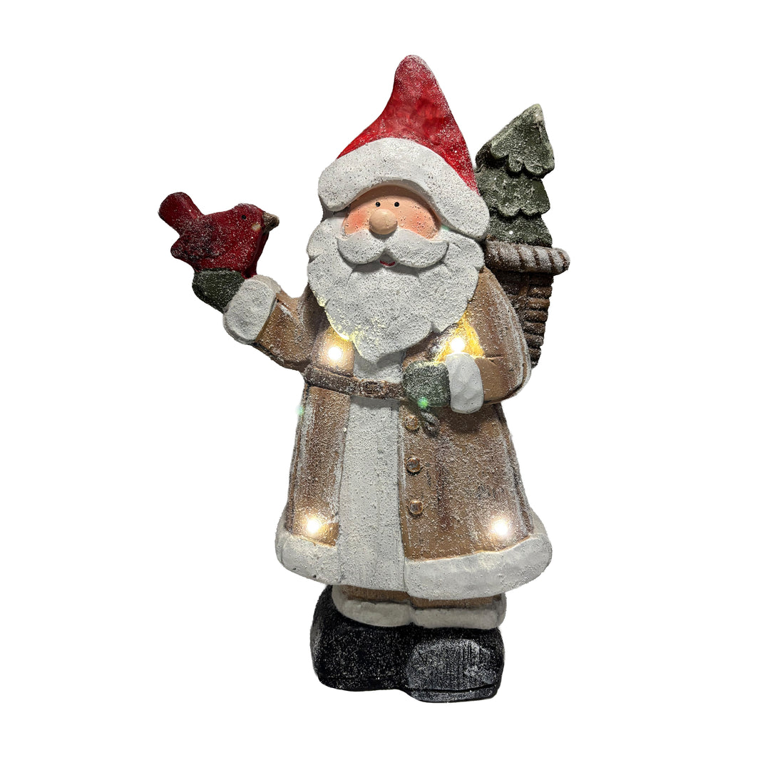 Lit Wooden Santa with a Cardinal