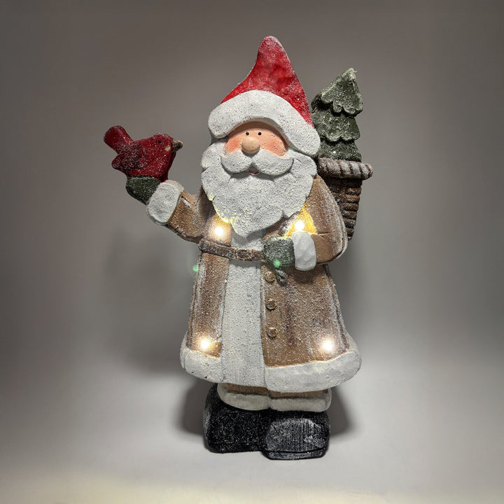 Lit Wooden Santa with a Cardinal