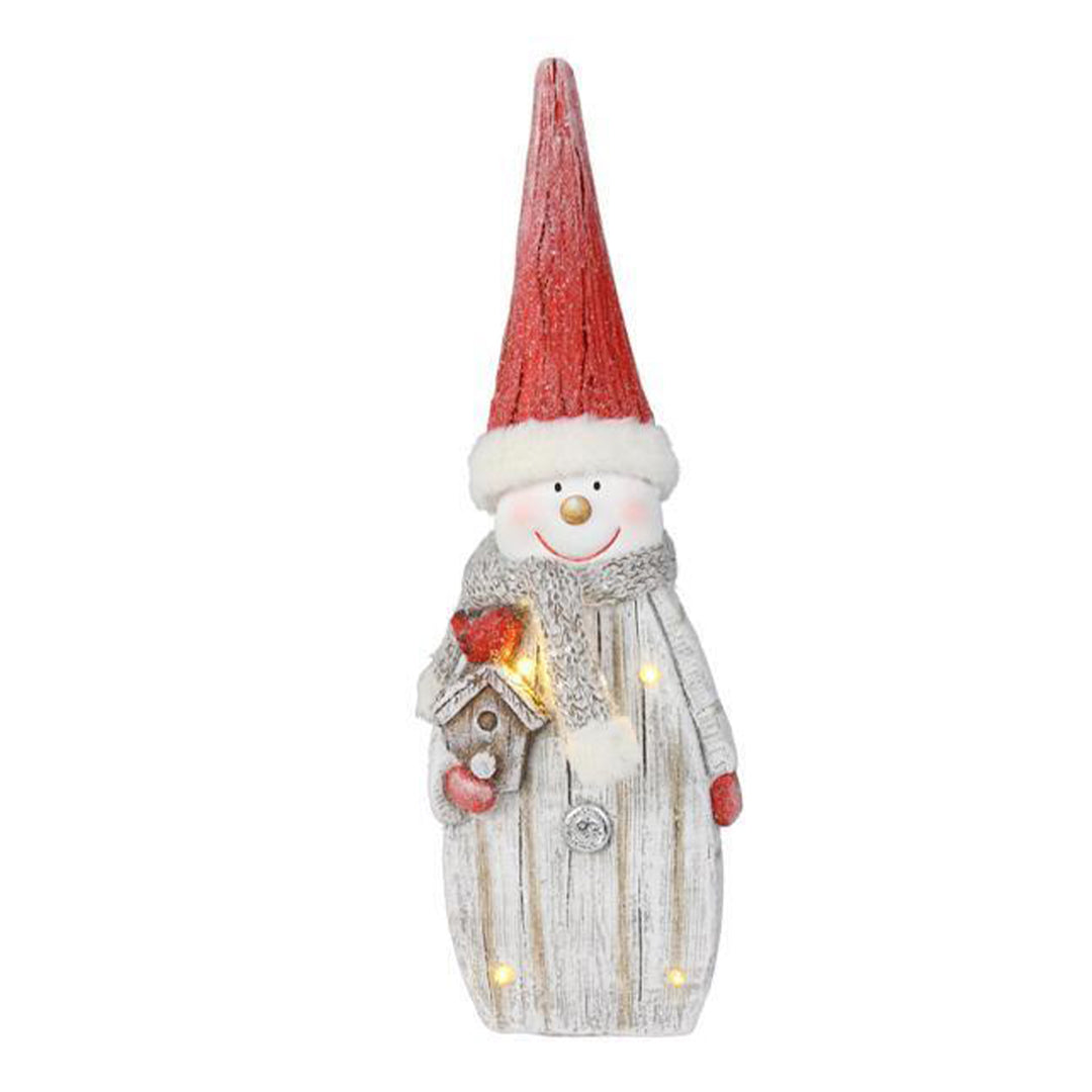 Lit Snowman with Scarf and Birdhouse