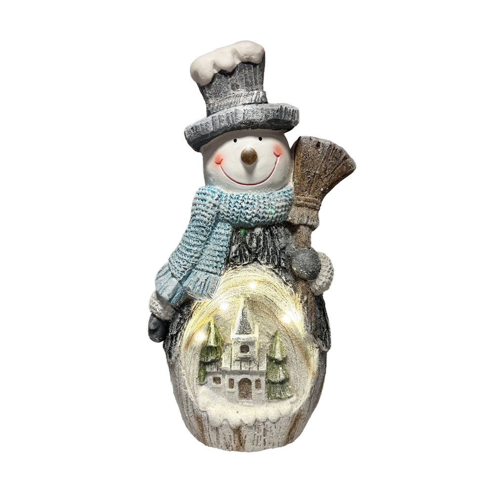 Lit Snowman with Winter Village Scene