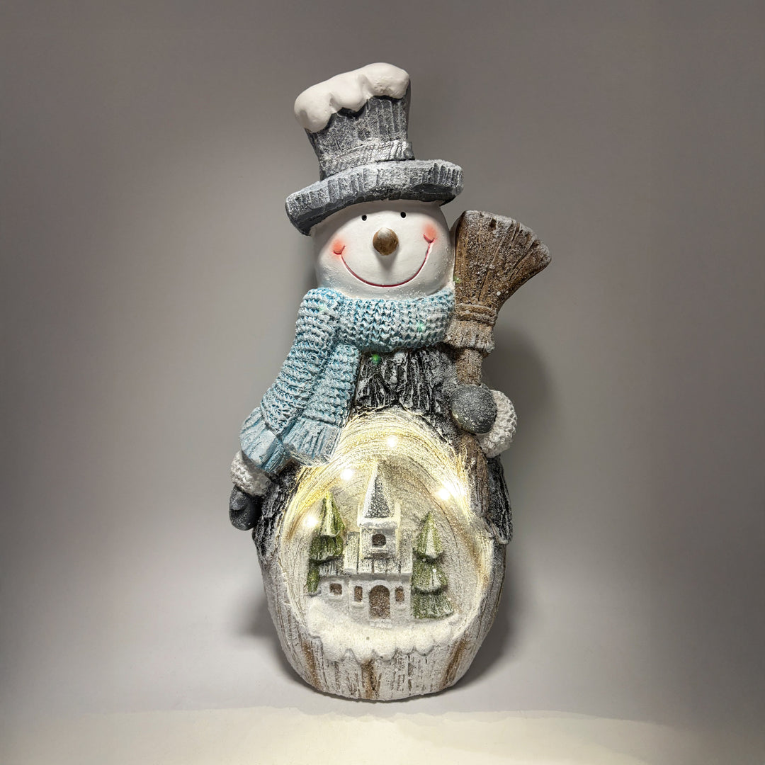 Lit Snowman with Winter Village Scene