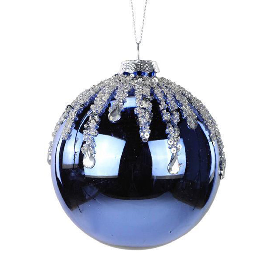Glass Dark Blue with Glitter Ice Ball Ornament