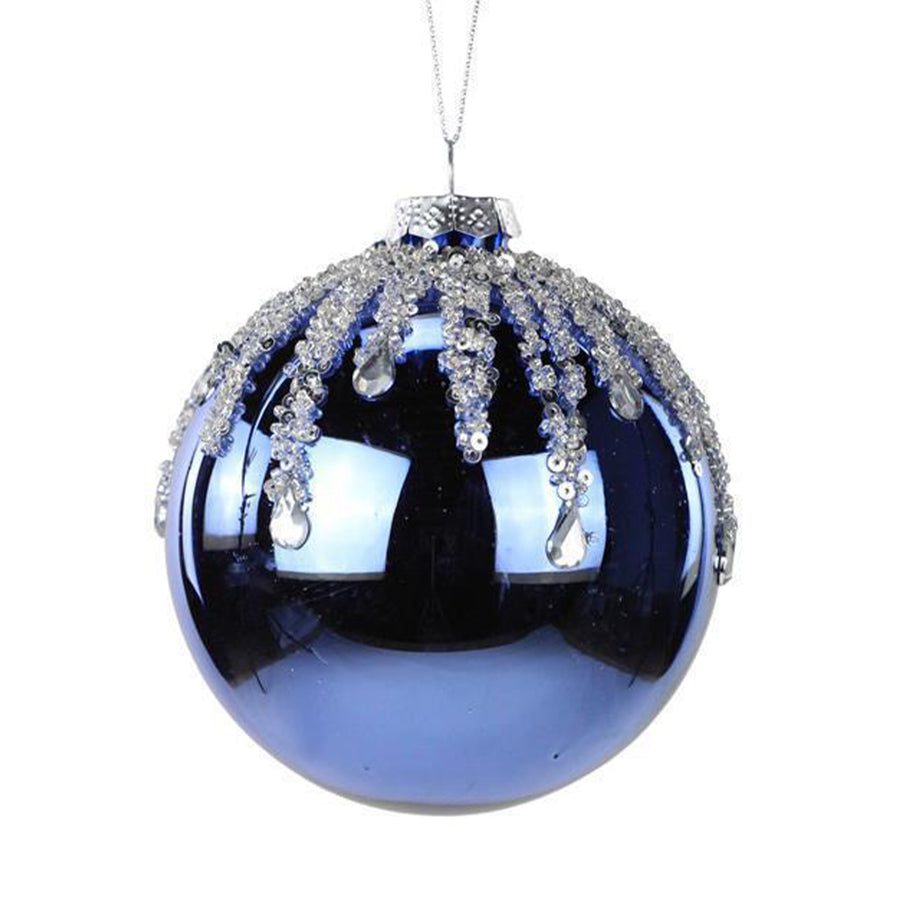 Glass Dark Blue with Glitter Ice Ball Ornament