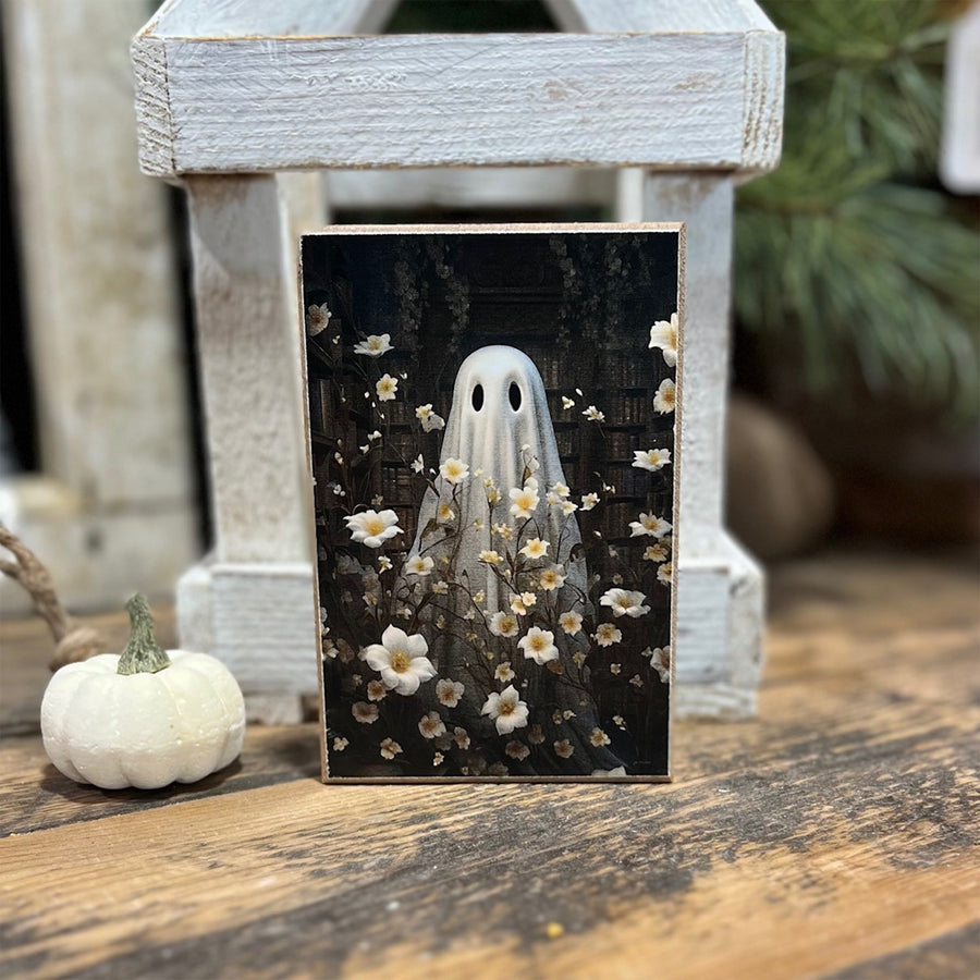 Ghost in Library with Flowers Wood Block