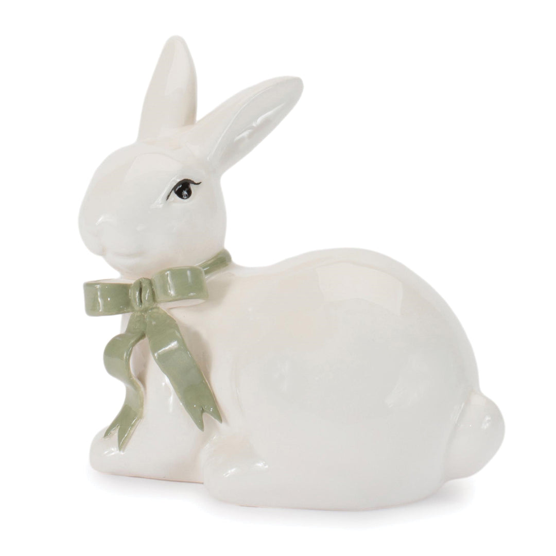 White Dolomite Bunny with Green Bow 4.5 Inches