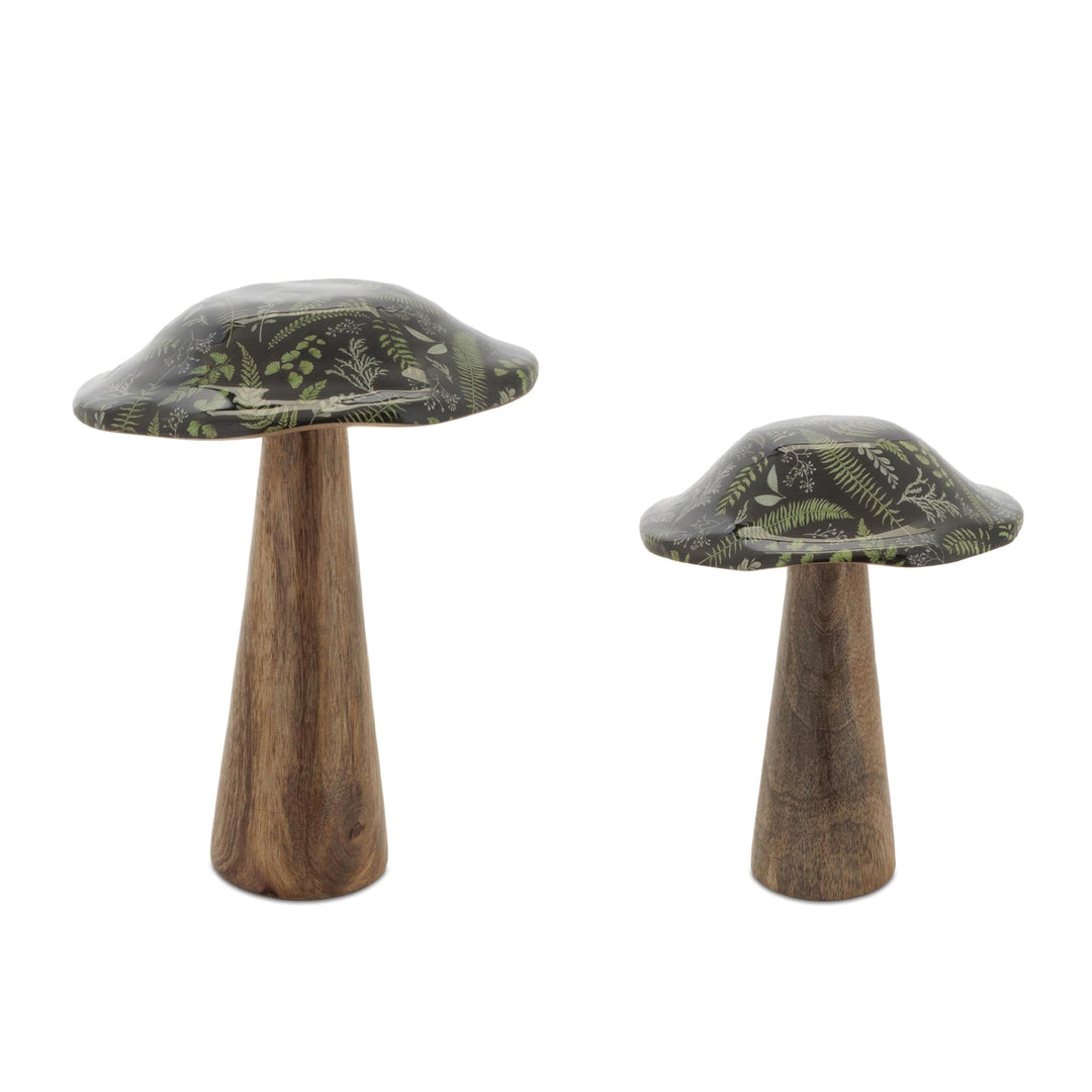 Wooden Mushroom with Dark Green Floral Design