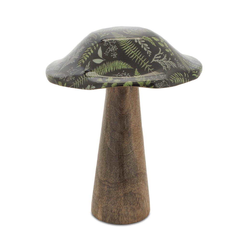 Wooden Mushroom with Dark Green Floral Design 5.25 Inches