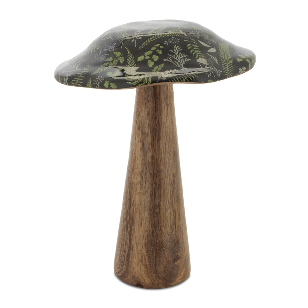 Wooden Mushroom with Dark Green Floral Design 6.5 Inches