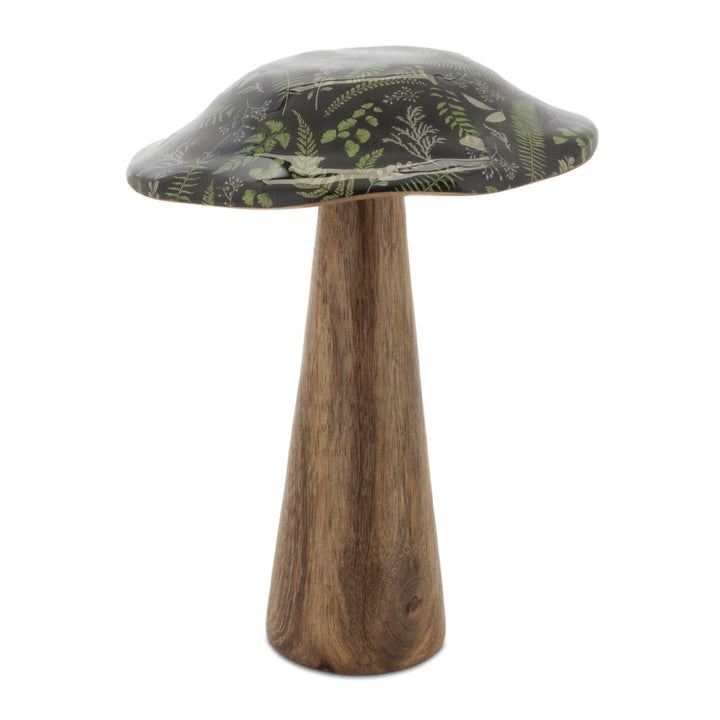 Wooden Mushroom with Dark Green Floral Design 6.5 Inches