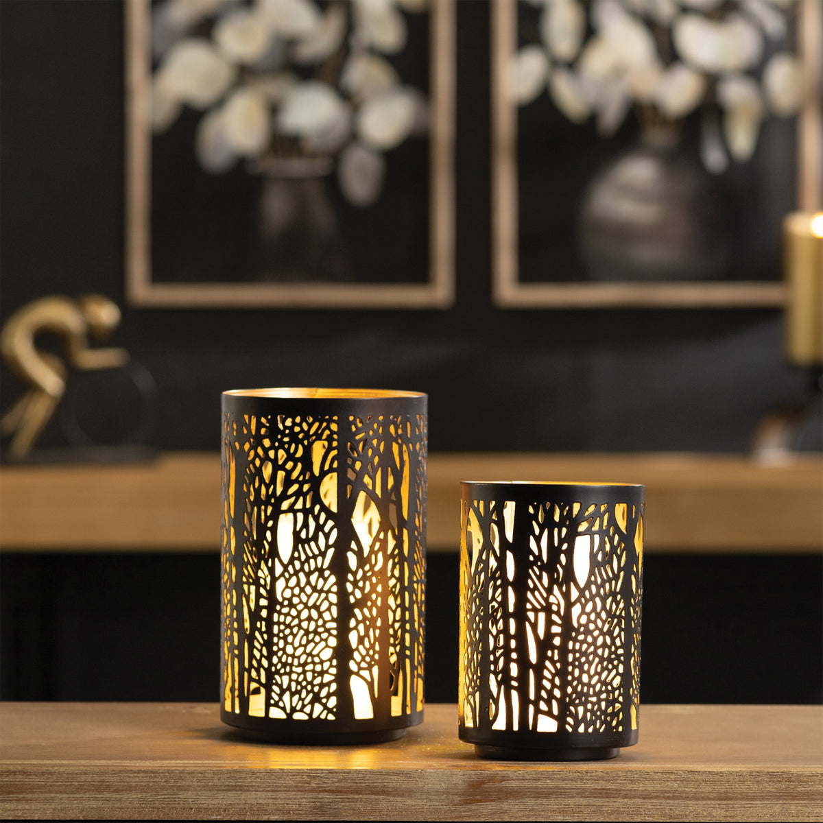Black & Gold Forest Cut Out Candle Holder