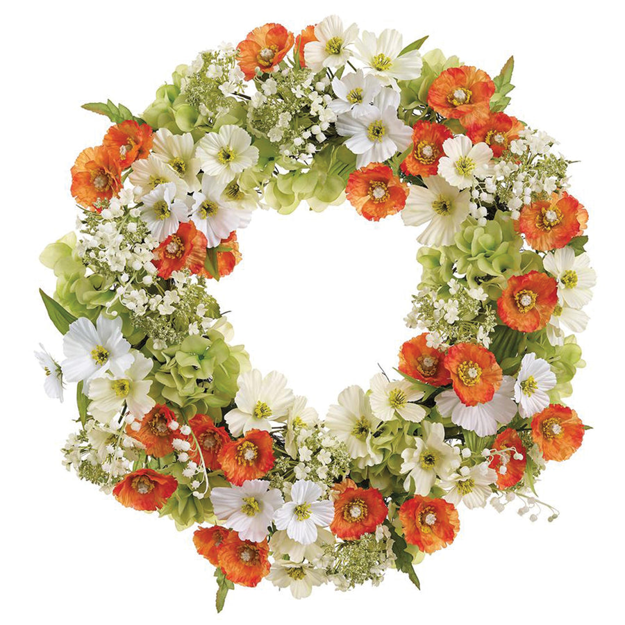 Artificial White & Orange Poppy, Cosmos & Snowball Wreath