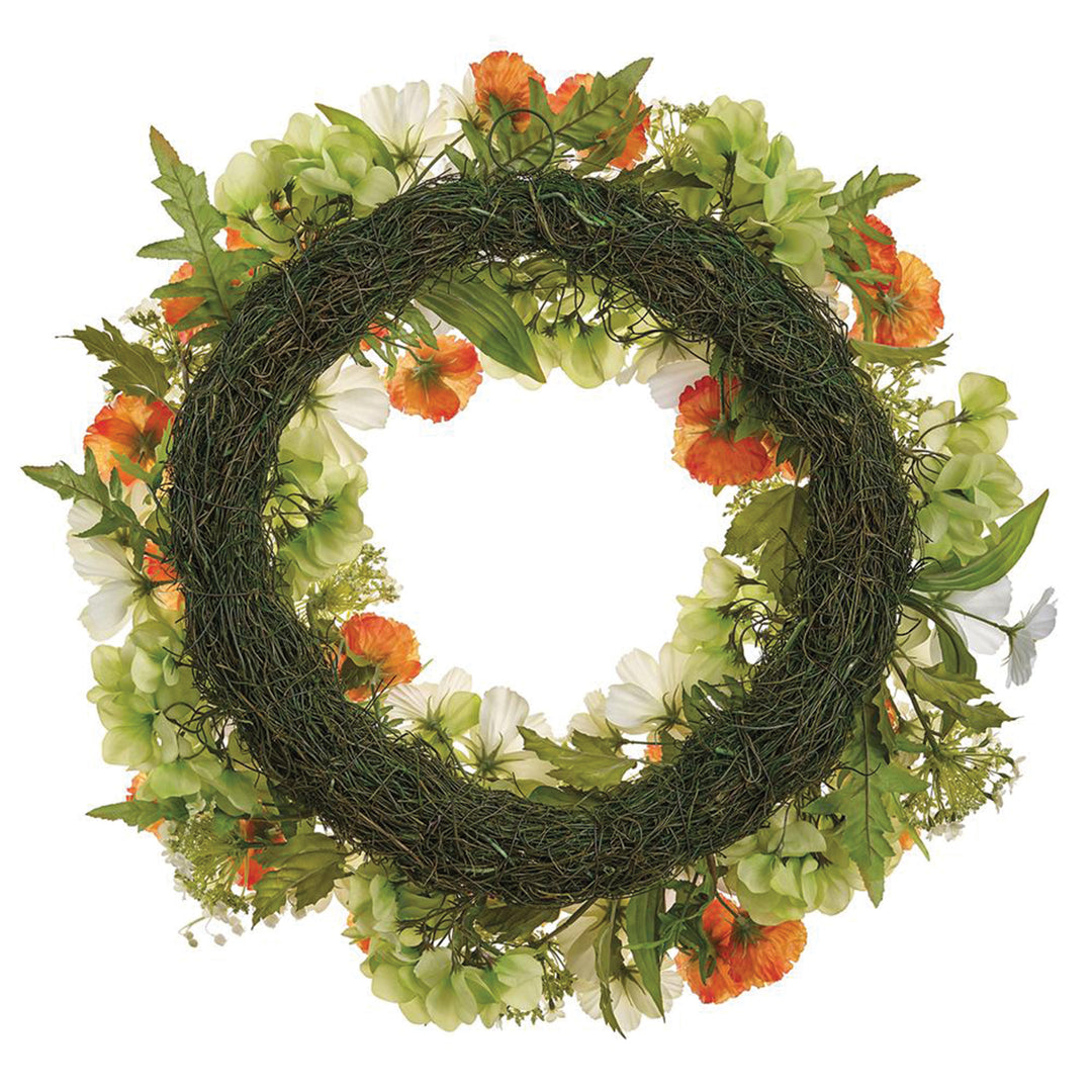 Artificial White & Orange Poppy, Cosmos & Snowball Wreath