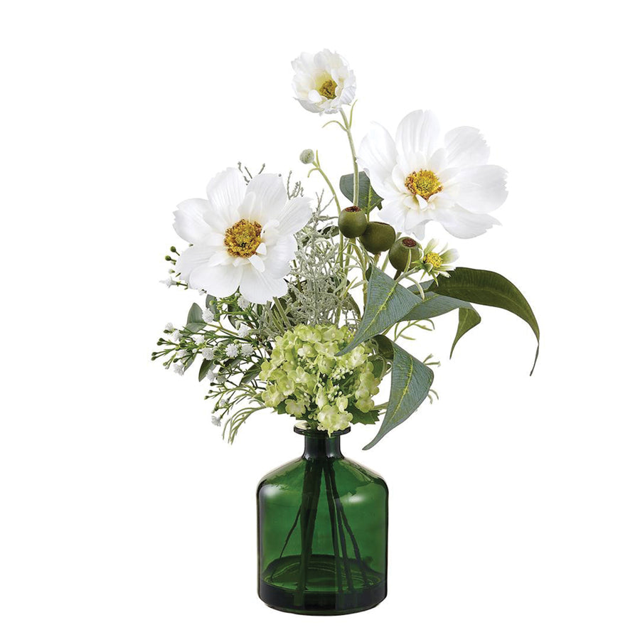 Cosmos & Snowball Flowers in Dark Green Glass Vase
