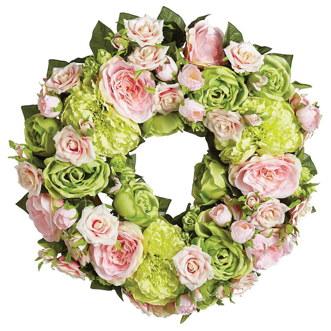 Artificial Peony & Rose Wreath Green & Pink