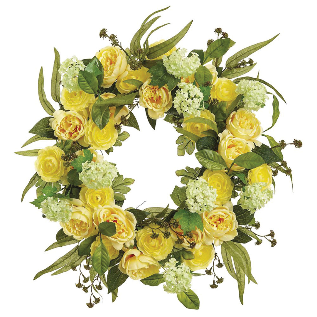 Artificial Yellow & Green Cabbage Rose & Snowball Wreath
