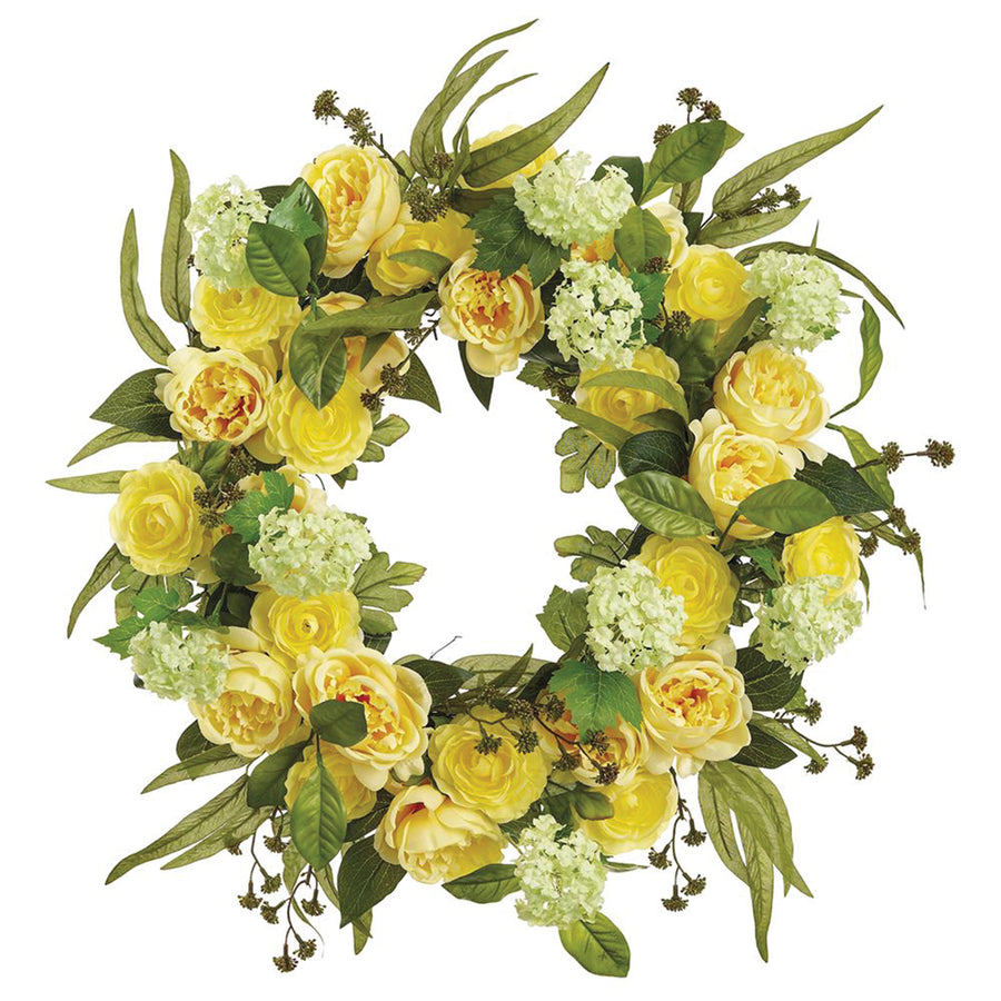 Artificial Yellow & Green Cabbage Rose & Snowball Wreath
