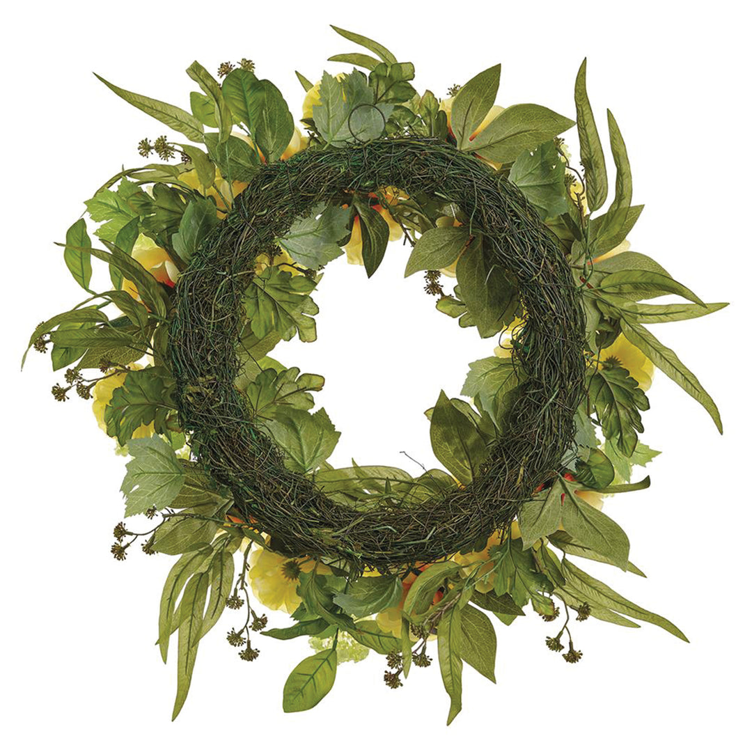 Artificial Yellow & Green Cabbage Rose & Snowball Wreath