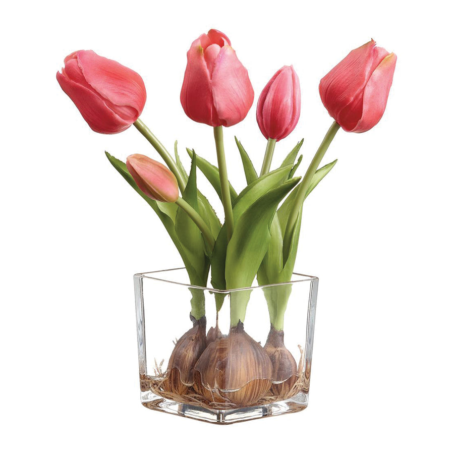Fuchsia Artificial Tulips in Glass Vase