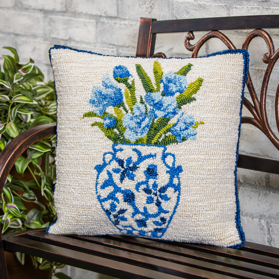 Chinoiserie Hooked Blue Hydrangea Pillow