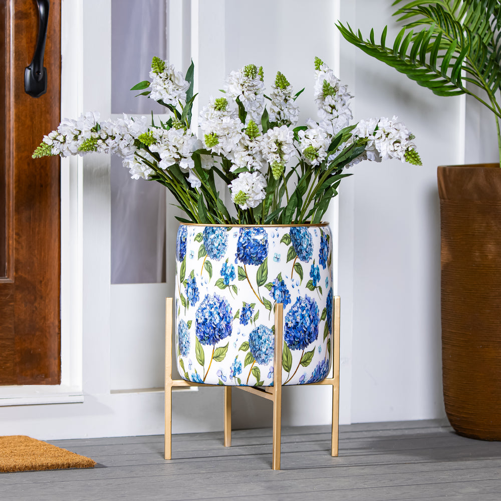 Blue Hydrangea Metal Planter with Gold Legs