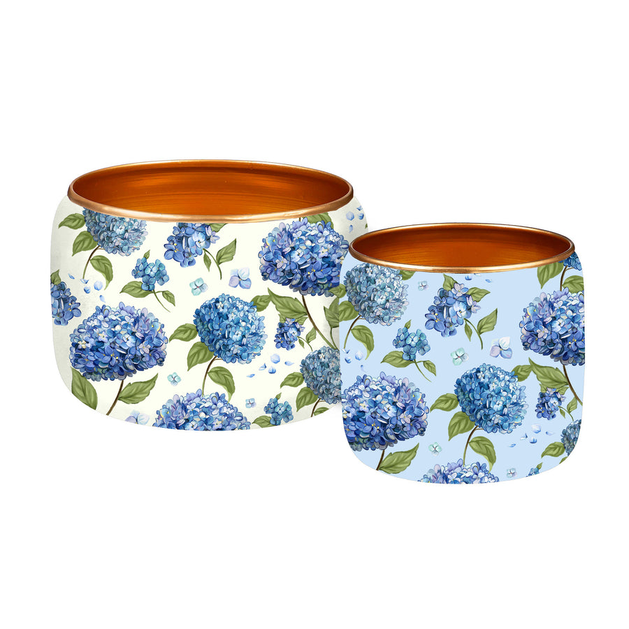 Blue Hydrangea Round Metal Planter
