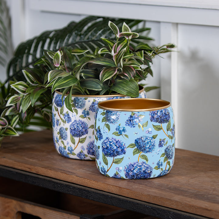 Blue Hydrangea Round Metal Planter
