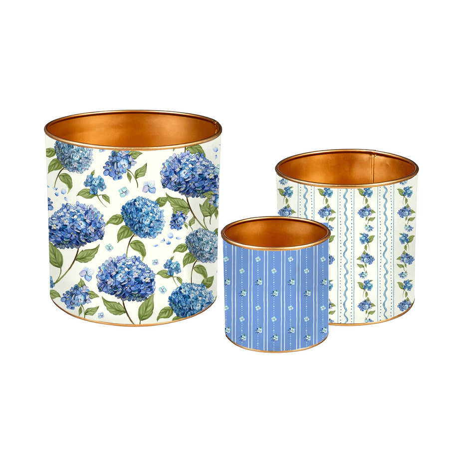 Blue Hydrangea Metal Cylindrical Planter