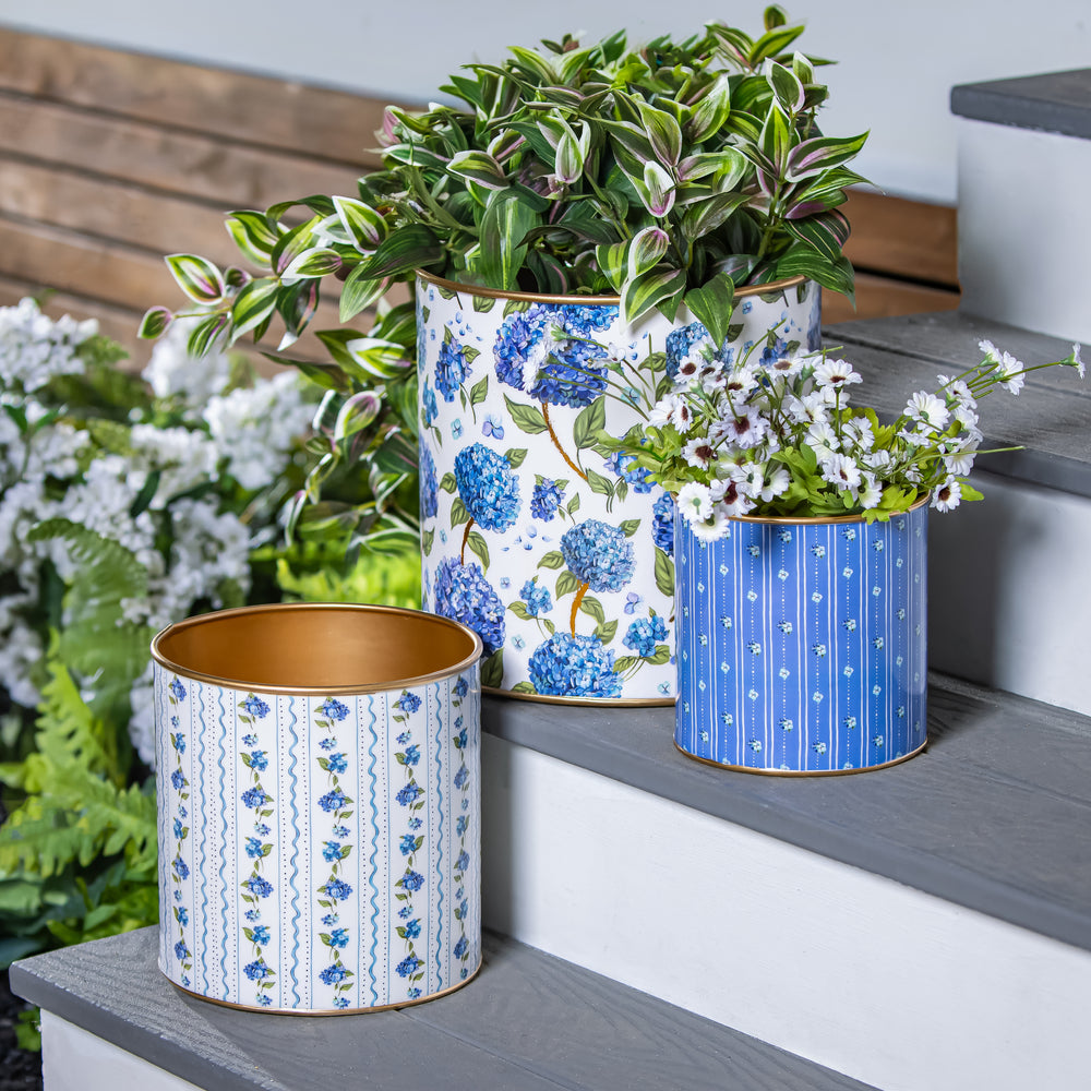 Blue Hydrangea Metal Cylindrical Planter