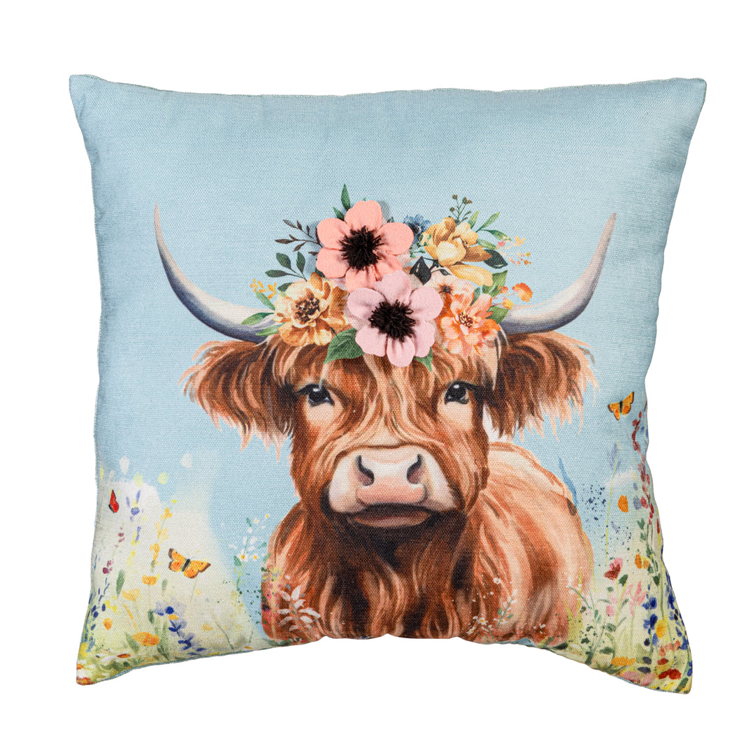 Highland Cow Floral Throw Pillow