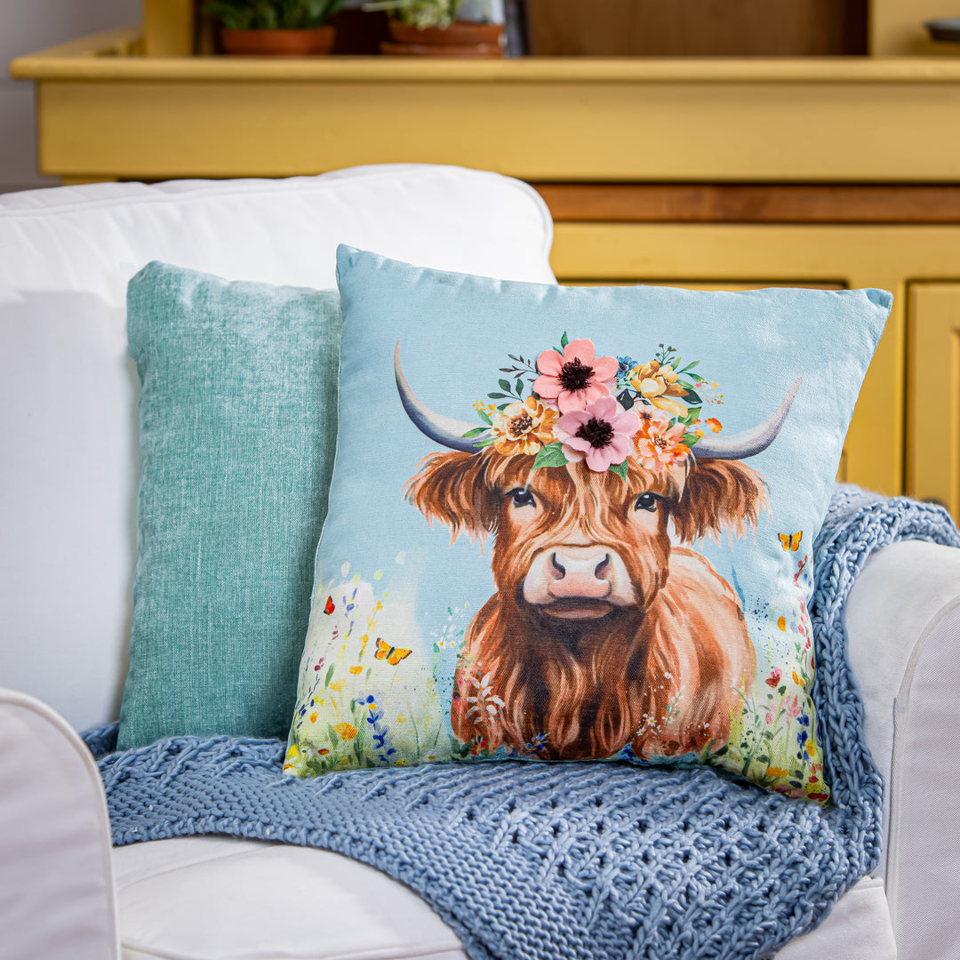 Highland Cow Floral Throw Pillow