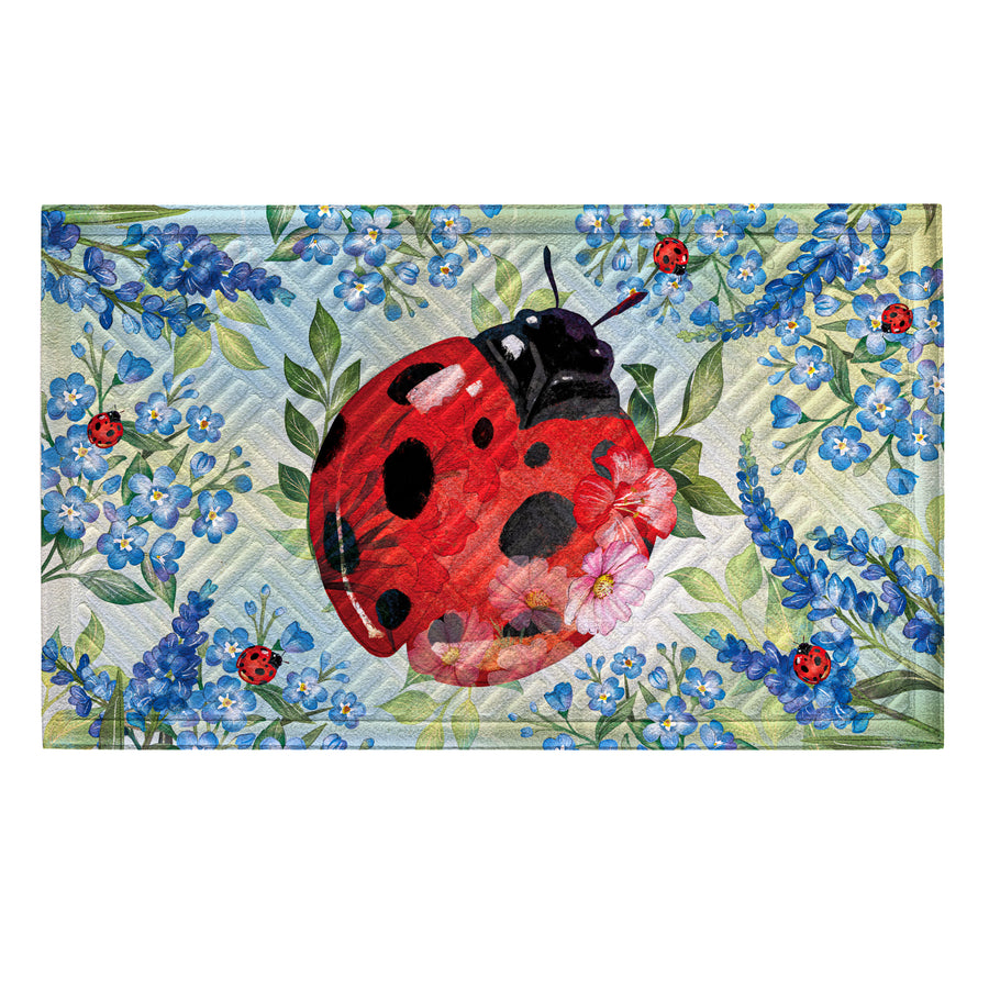 Pollinator Garden Blue Florals Ladybug Embossed Doormat