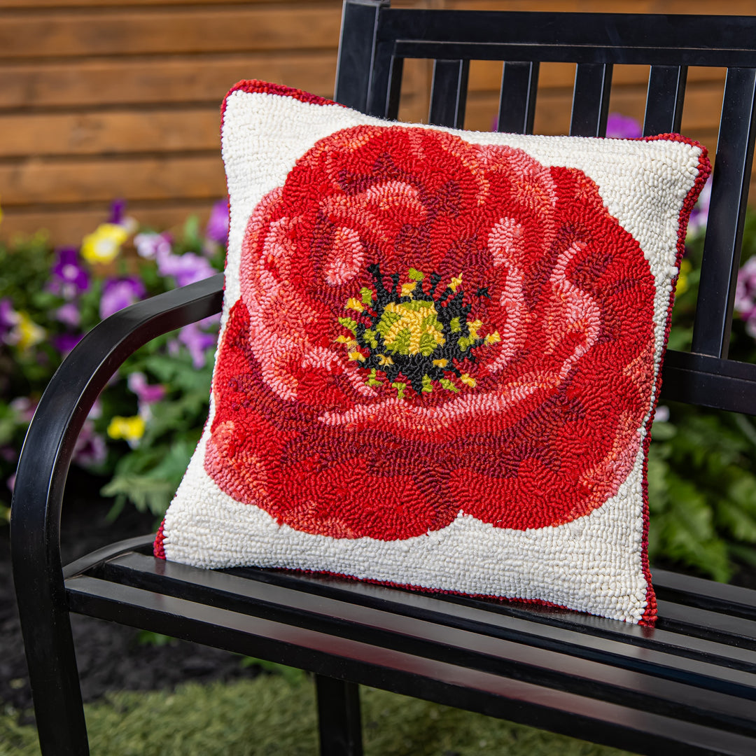 Hooked Red Poppy Throw Pillow