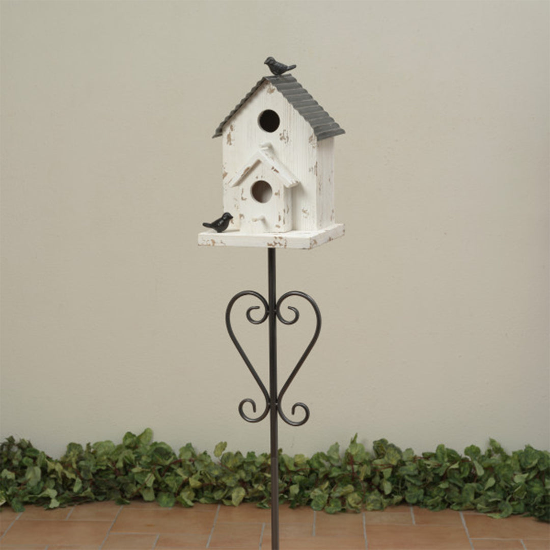 White Wood Birdhouse On Metal Yard Stake