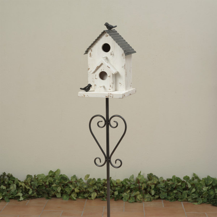 White Wood Birdhouse On Metal Yard Stake